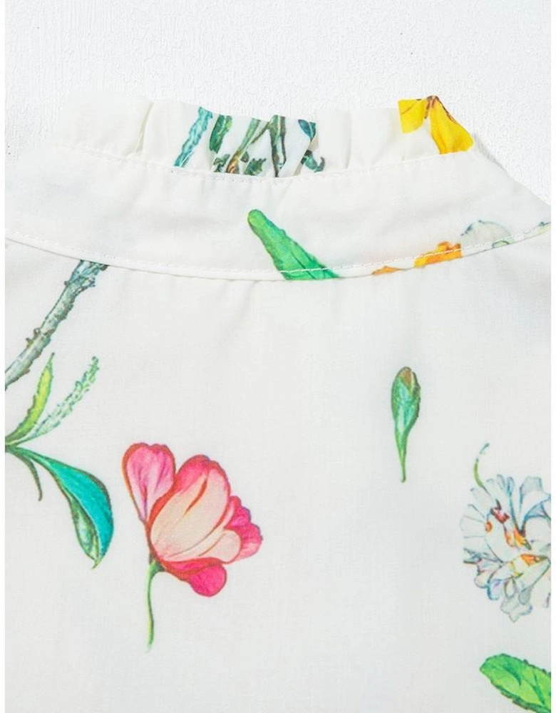 White Floral Print Contrast Striped Patchwork Short Puff Sleeve Dress