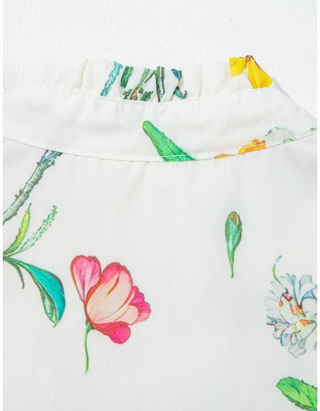 White Floral Print Contrast Striped Patchwork Short Puff Sleeve Dress