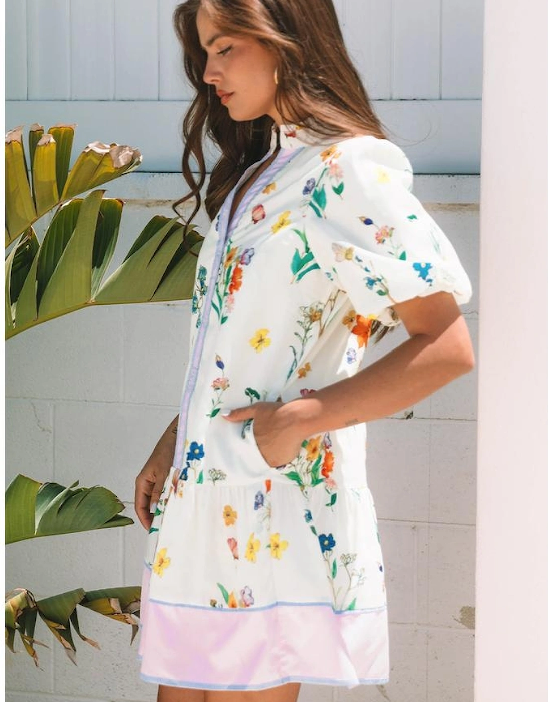 White Floral Print Contrast Striped Patchwork Short Puff Sleeve Dress