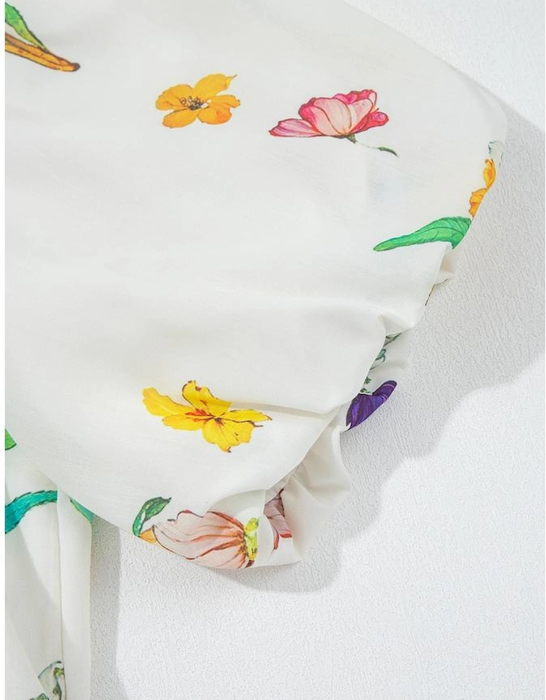 White Floral Print Contrast Striped Patchwork Short Puff Sleeve Dress