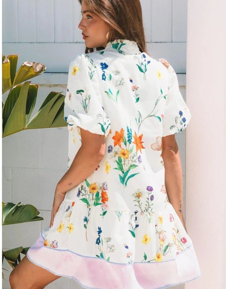 White Floral Print Contrast Striped Patchwork Short Puff Sleeve Dress