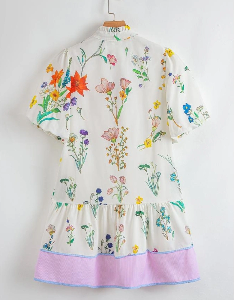 White Floral Print Contrast Striped Patchwork Short Puff Sleeve Dress