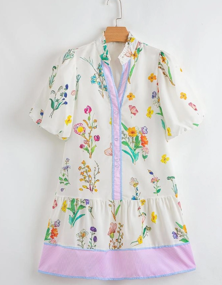 White Floral Print Contrast Striped Patchwork Short Puff Sleeve Dress