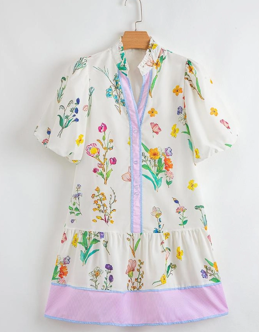 White Floral Print Contrast Striped Patchwork Short Puff Sleeve Dress