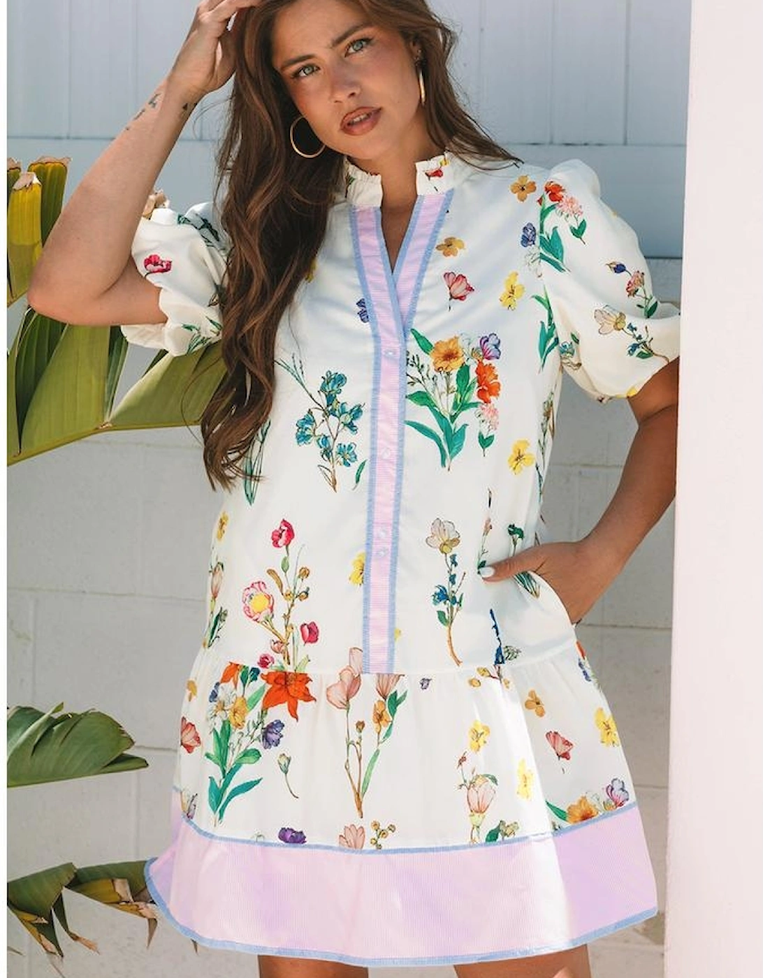 White Floral Print Contrast Striped Patchwork Short Puff Sleeve Dress