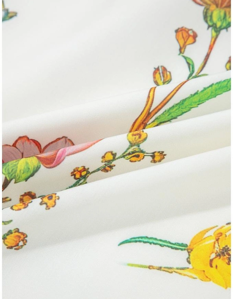 White Floral Print Contrast Striped Patchwork Short Puff Sleeve Dress