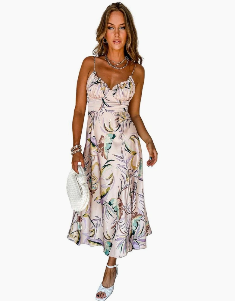 Apricot Tropical Print Spaghetti Straps Cupped Dress