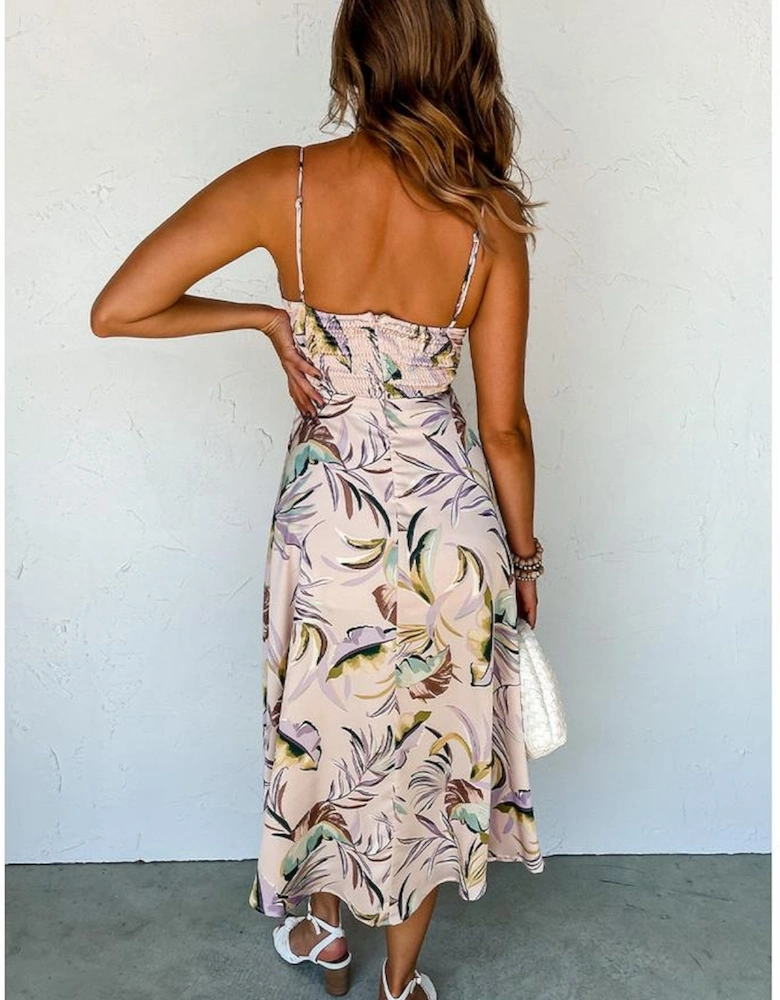 Apricot Tropical Print Spaghetti Straps Cupped Dress