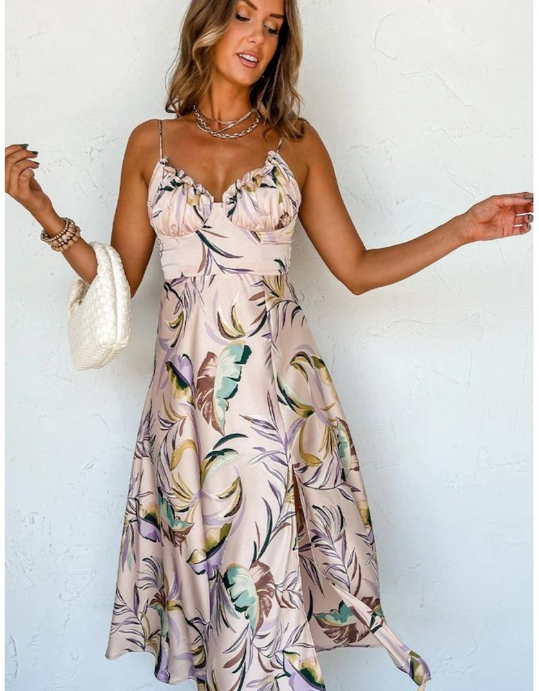 Apricot Tropical Print Spaghetti Straps Cupped Dress