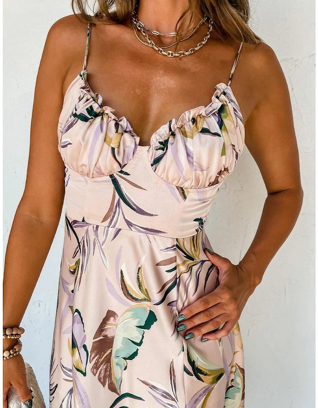 Apricot Tropical Print Spaghetti Straps Cupped Dress