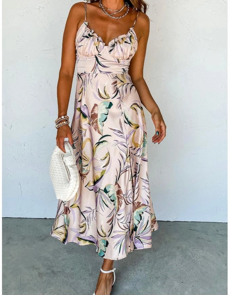 Apricot Tropical Print Spaghetti Straps Cupped Dress