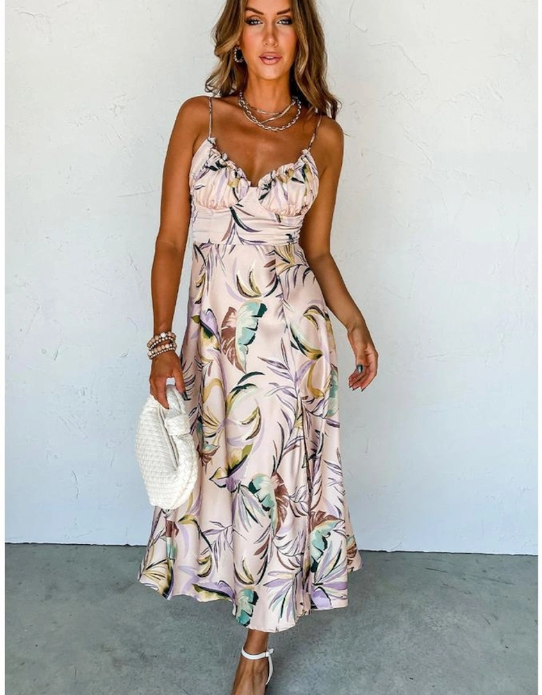 Apricot Tropical Print Spaghetti Straps Cupped Dress