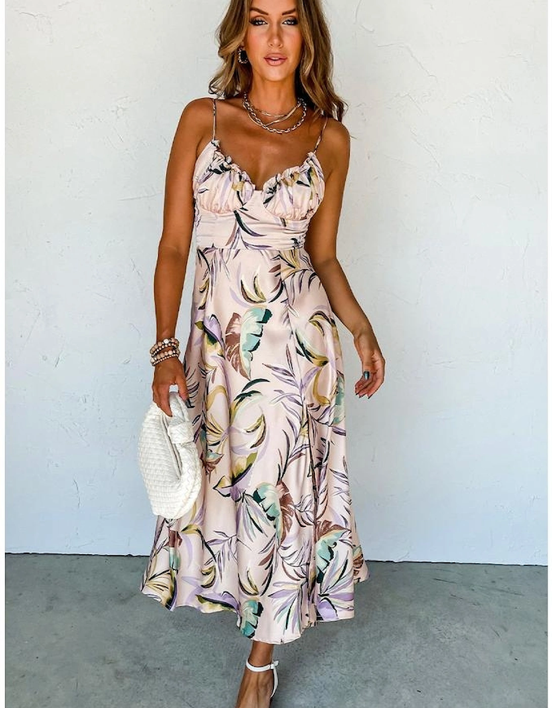 Apricot Tropical Print Spaghetti Straps Cupped Dress