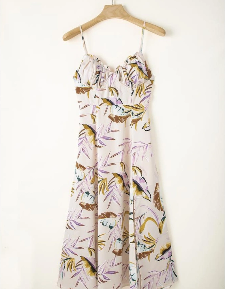 Apricot Tropical Print Spaghetti Straps Cupped Dress