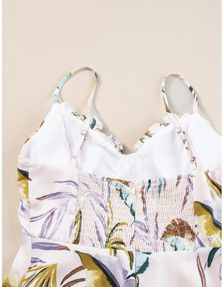 Apricot Tropical Print Spaghetti Straps Cupped Dress