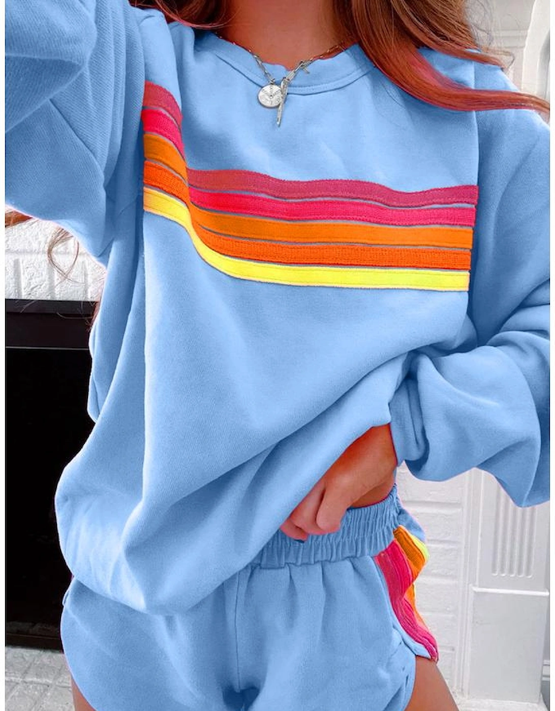 Beau Blue Striped Accent Pullover and Shorts Two Piece Casual Set