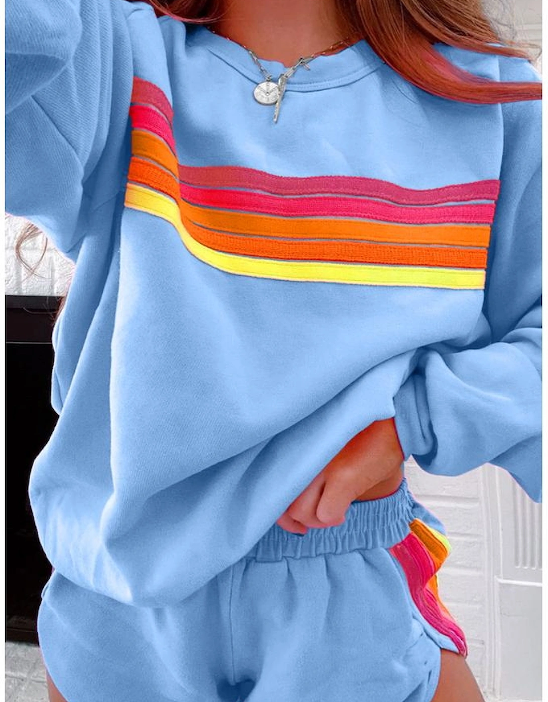 Beau Blue Striped Accent Pullover and Shorts Two Piece Casual Set