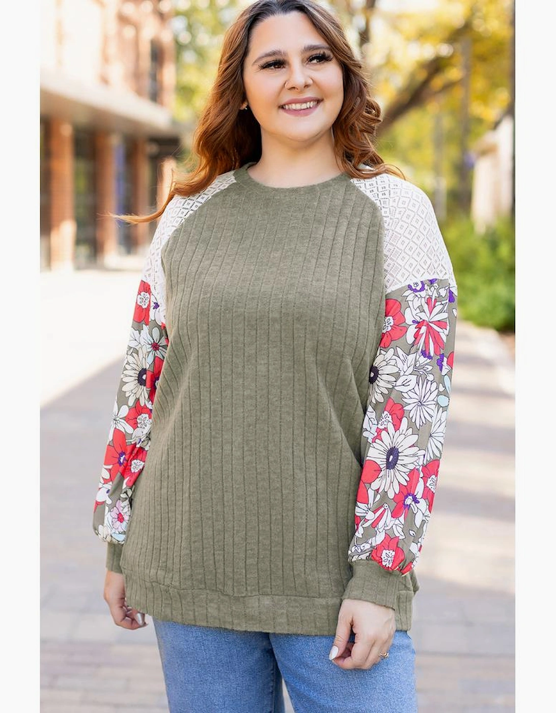Vineyard Green Plus Size Textured Floral Patchwork Raglan Sleeve Blouse, 13 of 12