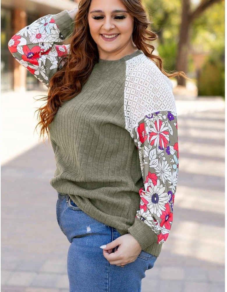 Vineyard Green Plus Size Textured Floral Patchwork Raglan Sleeve Blouse