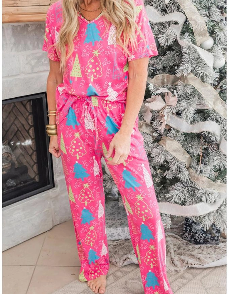 Rose Christmas Tree Print V Neck Tee and Pants Lounge Set