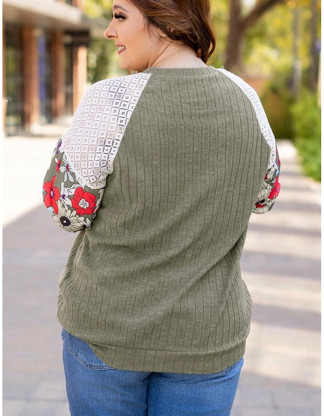 Vineyard Green Plus Size Textured Floral Patchwork Raglan Sleeve Blouse
