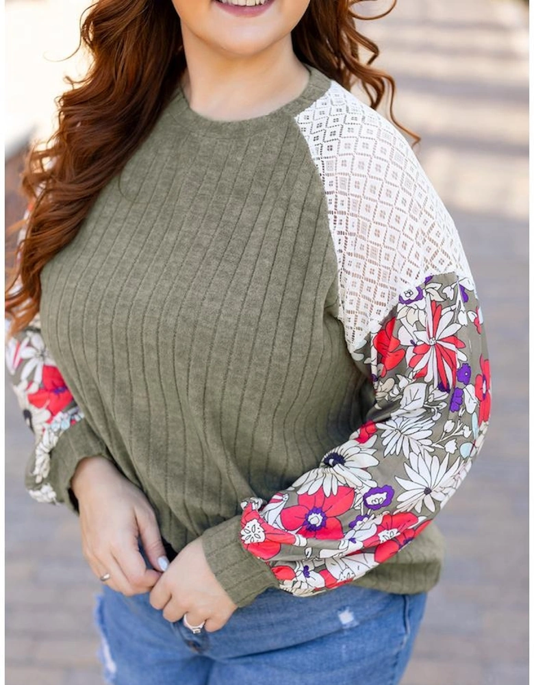 Vineyard Green Plus Size Textured Floral Patchwork Raglan Sleeve Blouse