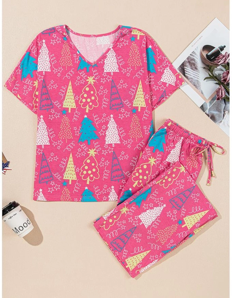 Rose Christmas Tree Print V Neck Tee and Pants Lounge Set
