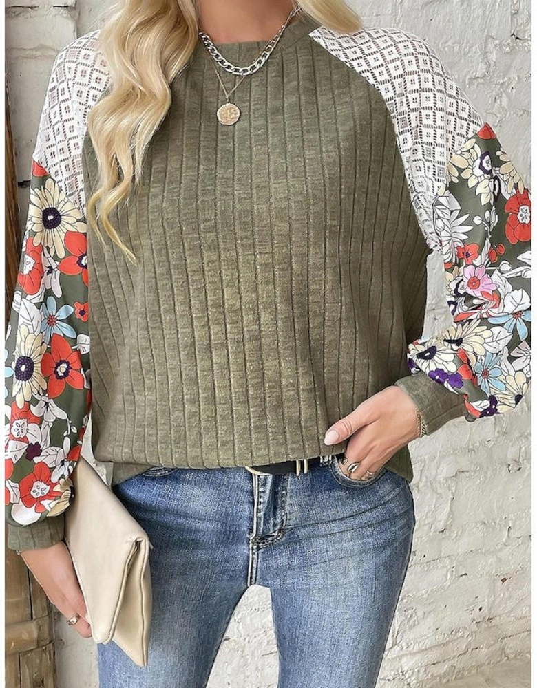 Vineyard Green Plus Size Textured Floral Patchwork Raglan Sleeve Blouse