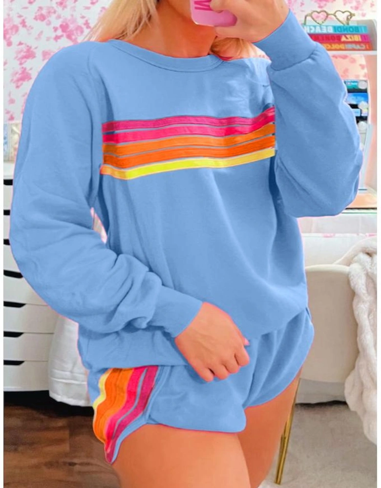 Beau Blue Striped Accent Pullover and Shorts Two Piece Casual Set