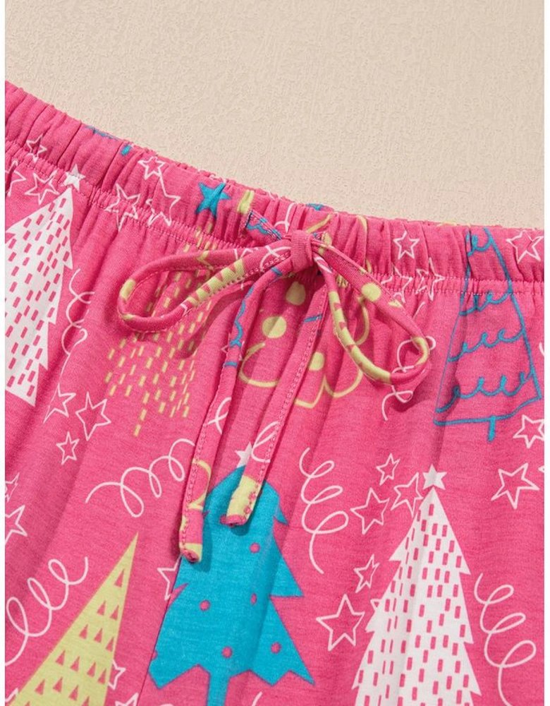 Rose Christmas Tree Print V Neck Tee and Pants Lounge Set