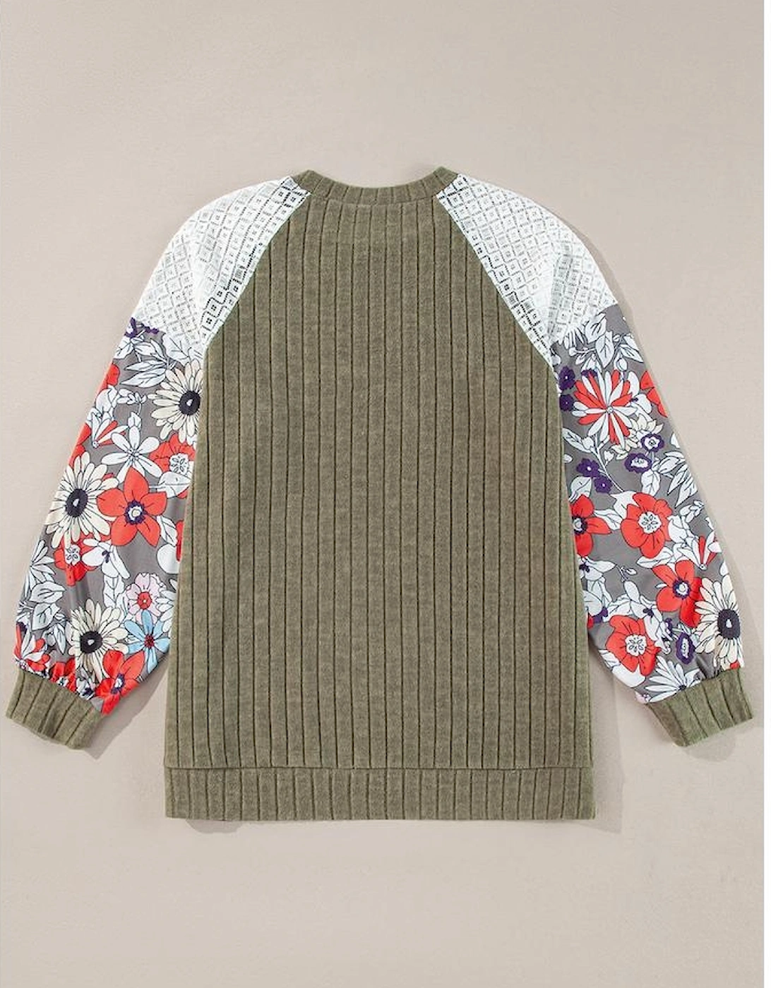 Vineyard Green Plus Size Textured Floral Patchwork Raglan Sleeve Blouse