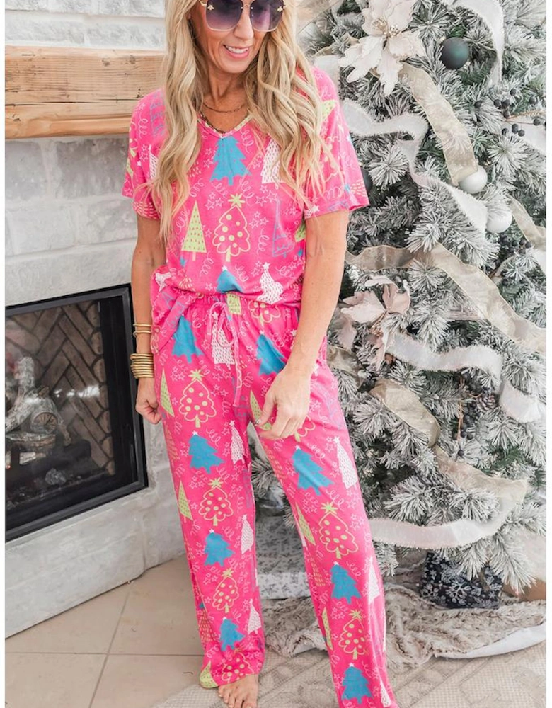 Rose Christmas Tree Print V Neck Tee and Pants Lounge Set