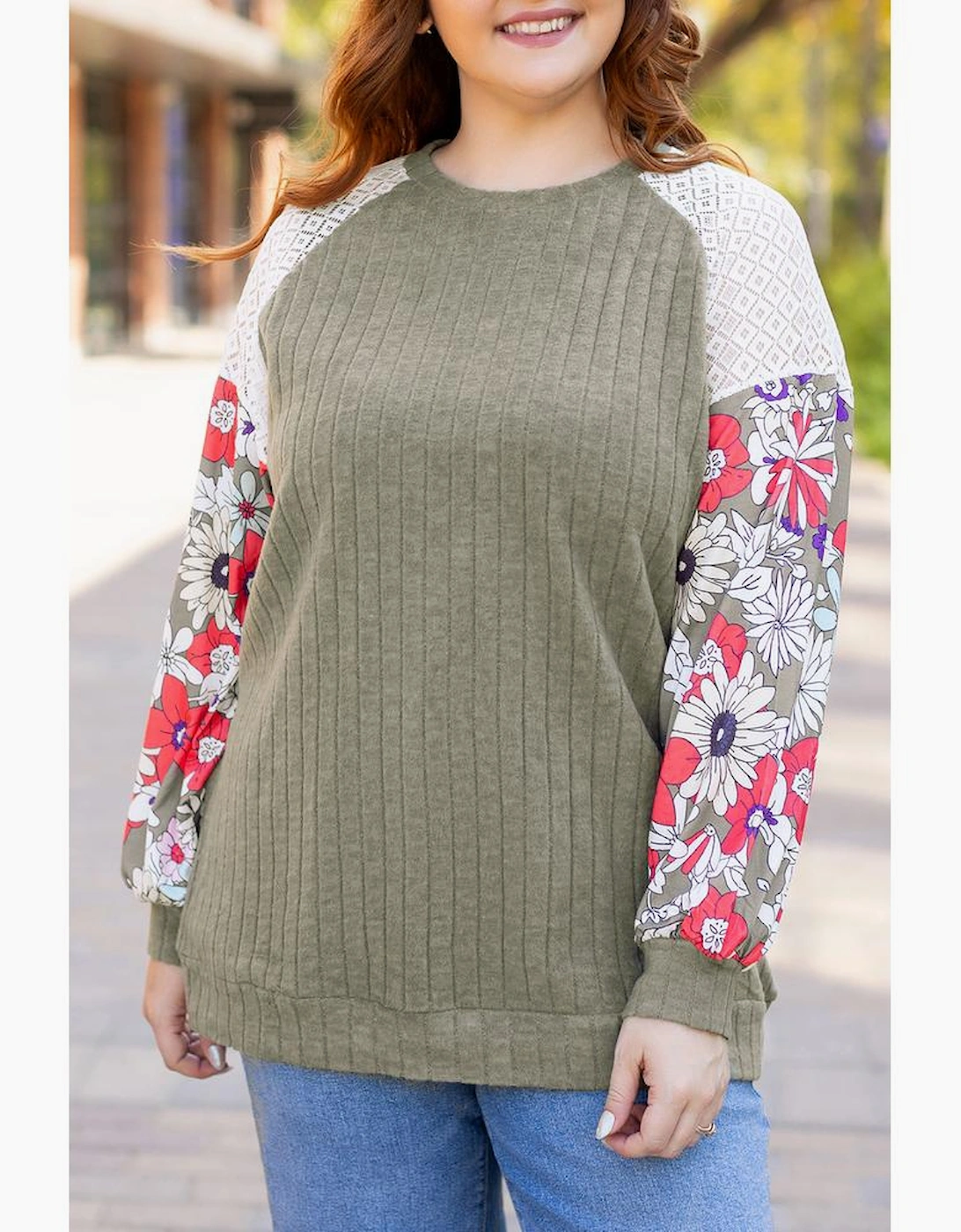 Vineyard Green Plus Size Textured Floral Patchwork Raglan Sleeve Blouse