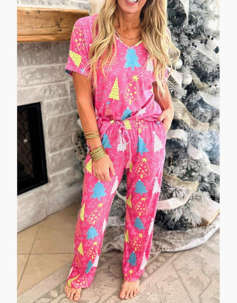 Rose Christmas Tree Print V Neck Tee and Pants Lounge Set
