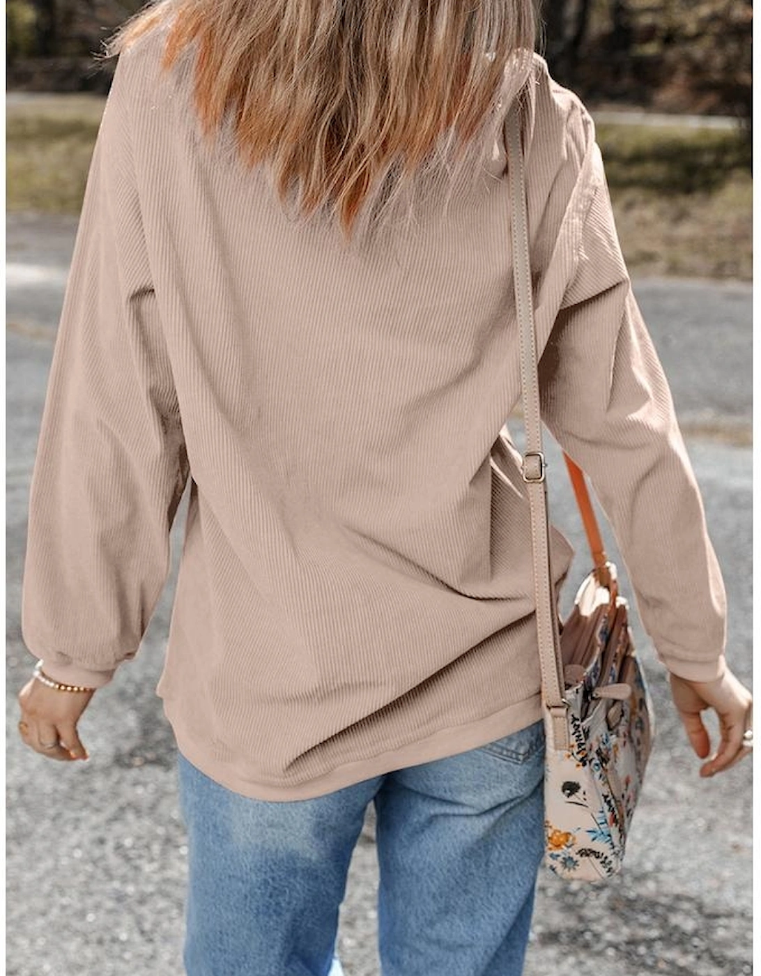 Apricot Twisted Rib FALL VIBE Graphic Baggy Sweatshirt