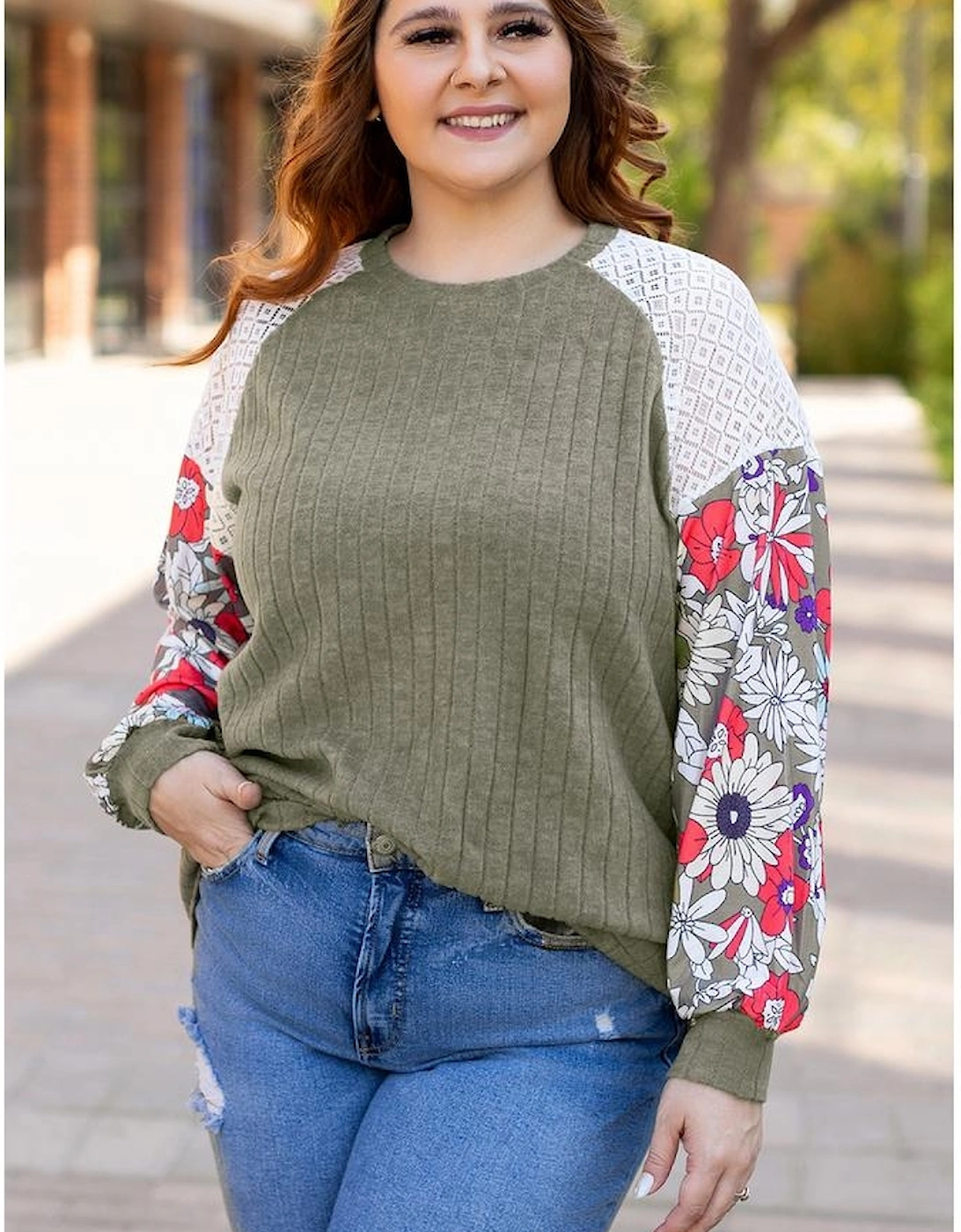 Vineyard Green Plus Size Textured Floral Patchwork Raglan Sleeve Blouse