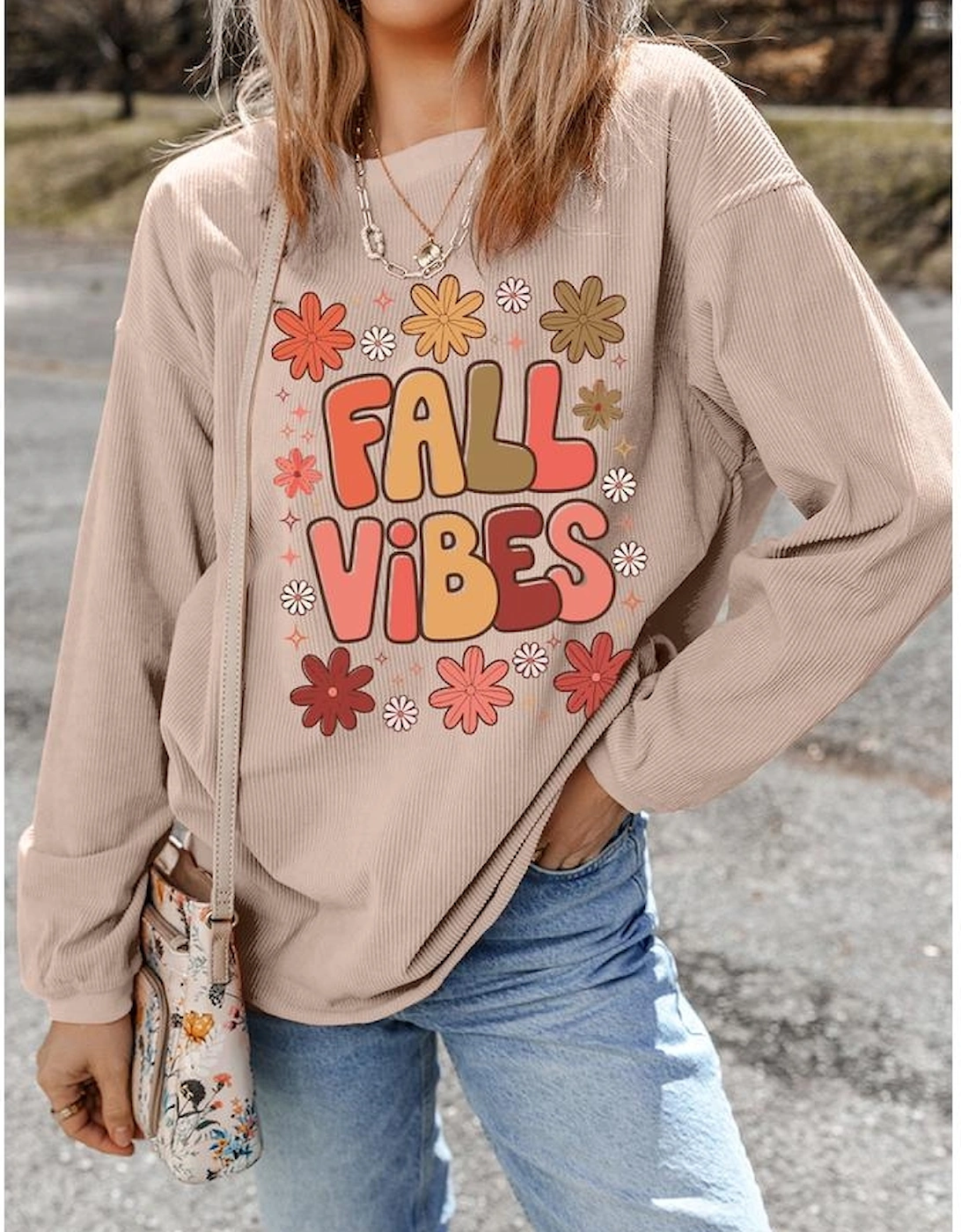 Apricot Twisted Rib FALL VIBE Graphic Baggy Sweatshirt