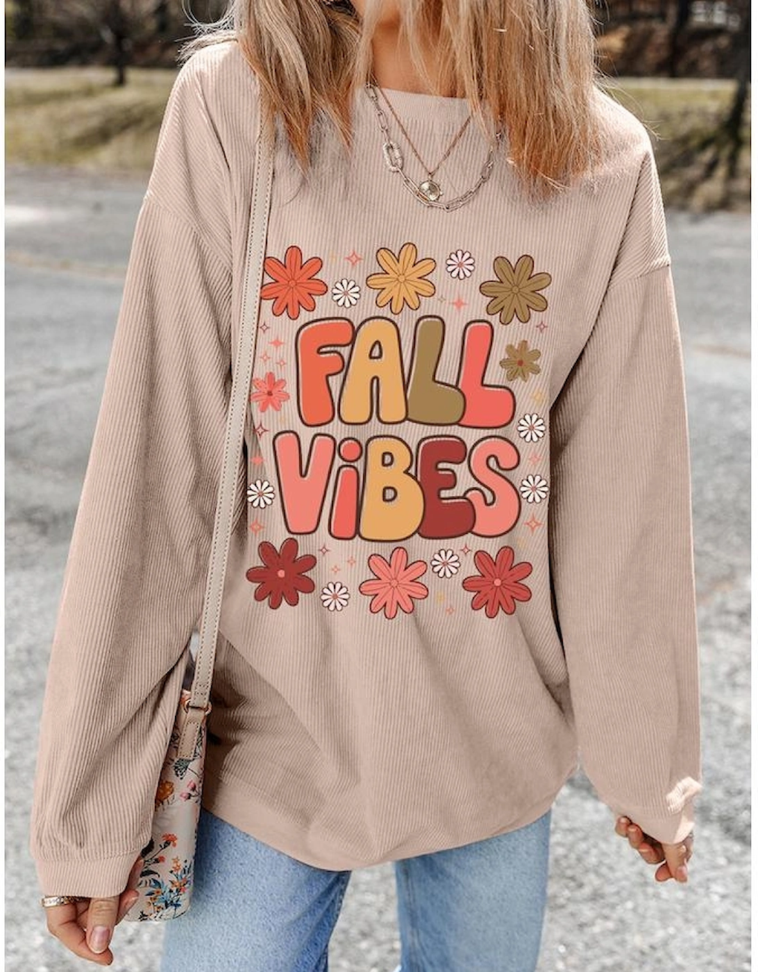 Apricot Twisted Rib FALL VIBE Graphic Baggy Sweatshirt