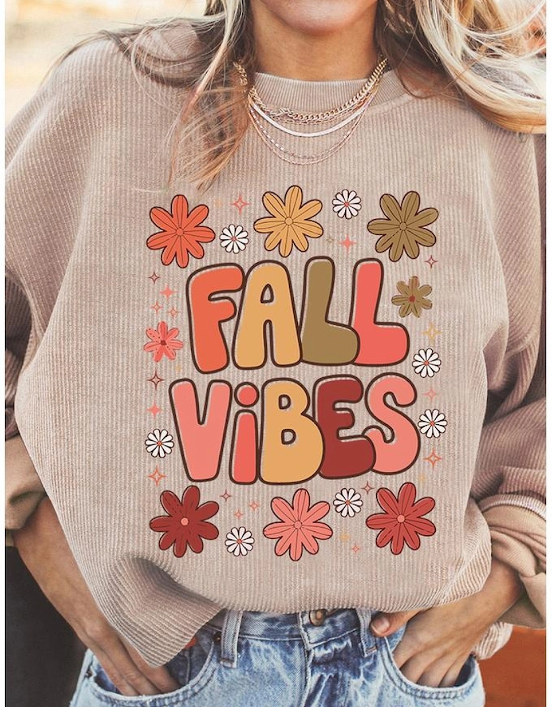 Apricot Twisted Rib FALL VIBE Graphic Baggy Sweatshirt