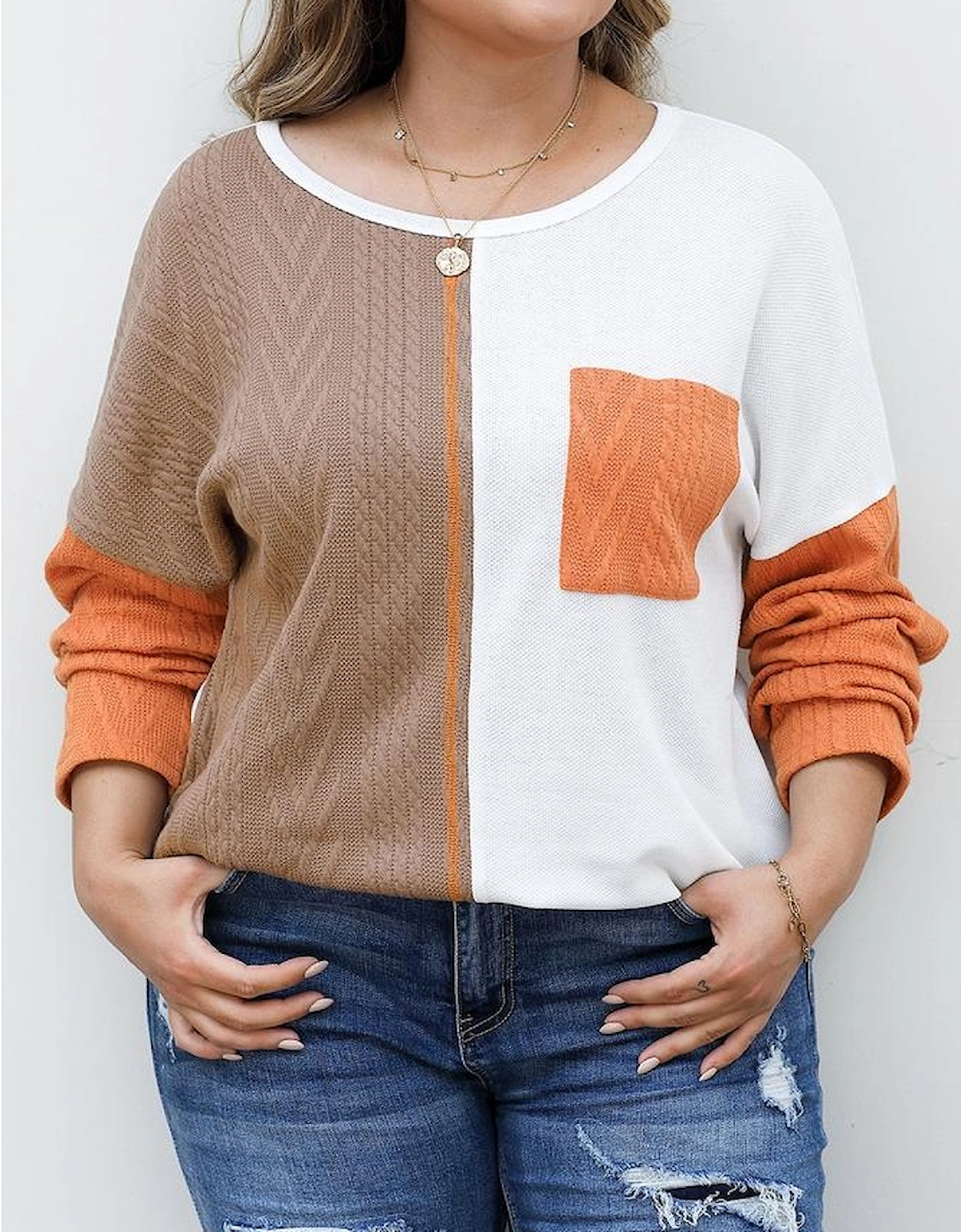 Chestnut Plus Size Color Block Textured Patchwork Top with Pocket