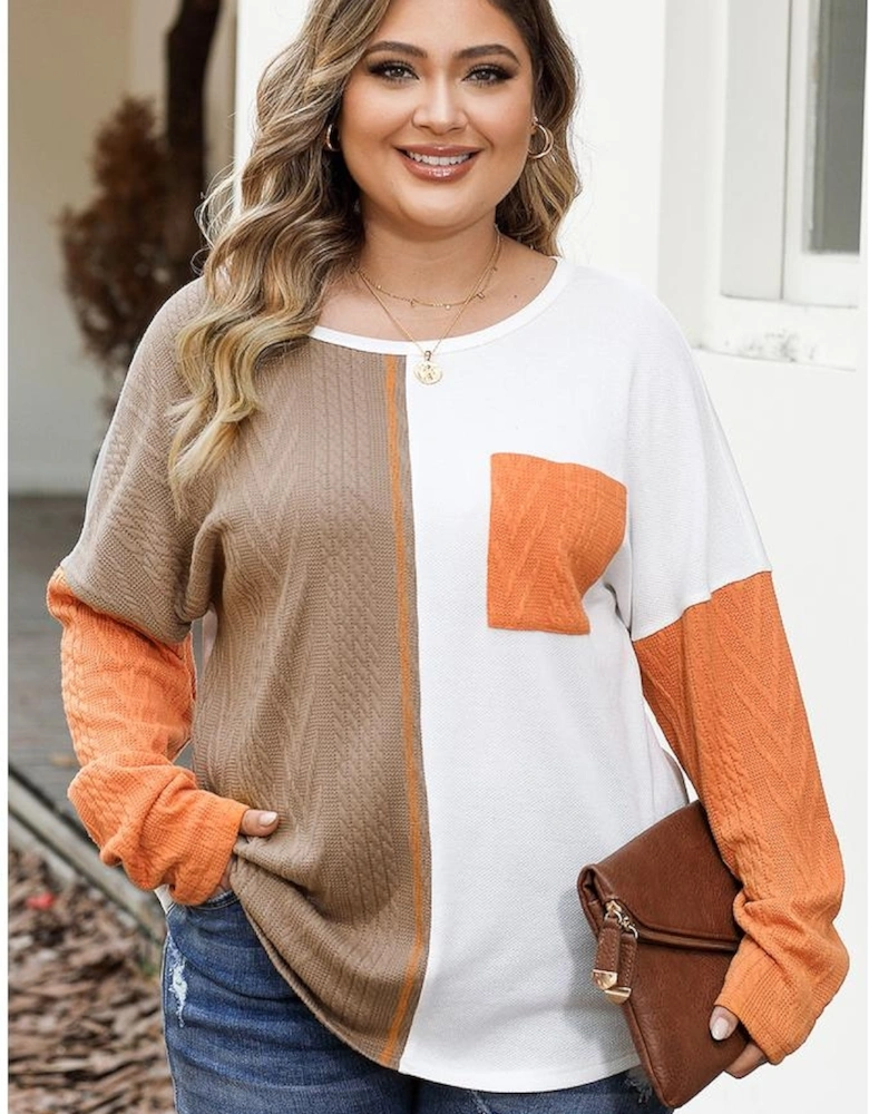 Chestnut Plus Size Color Block Textured Patchwork Top with Pocket