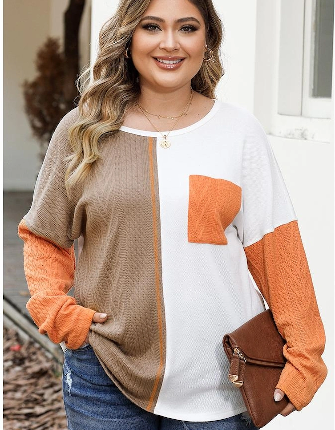 Chestnut Plus Size Color Block Textured Patchwork Top with Pocket