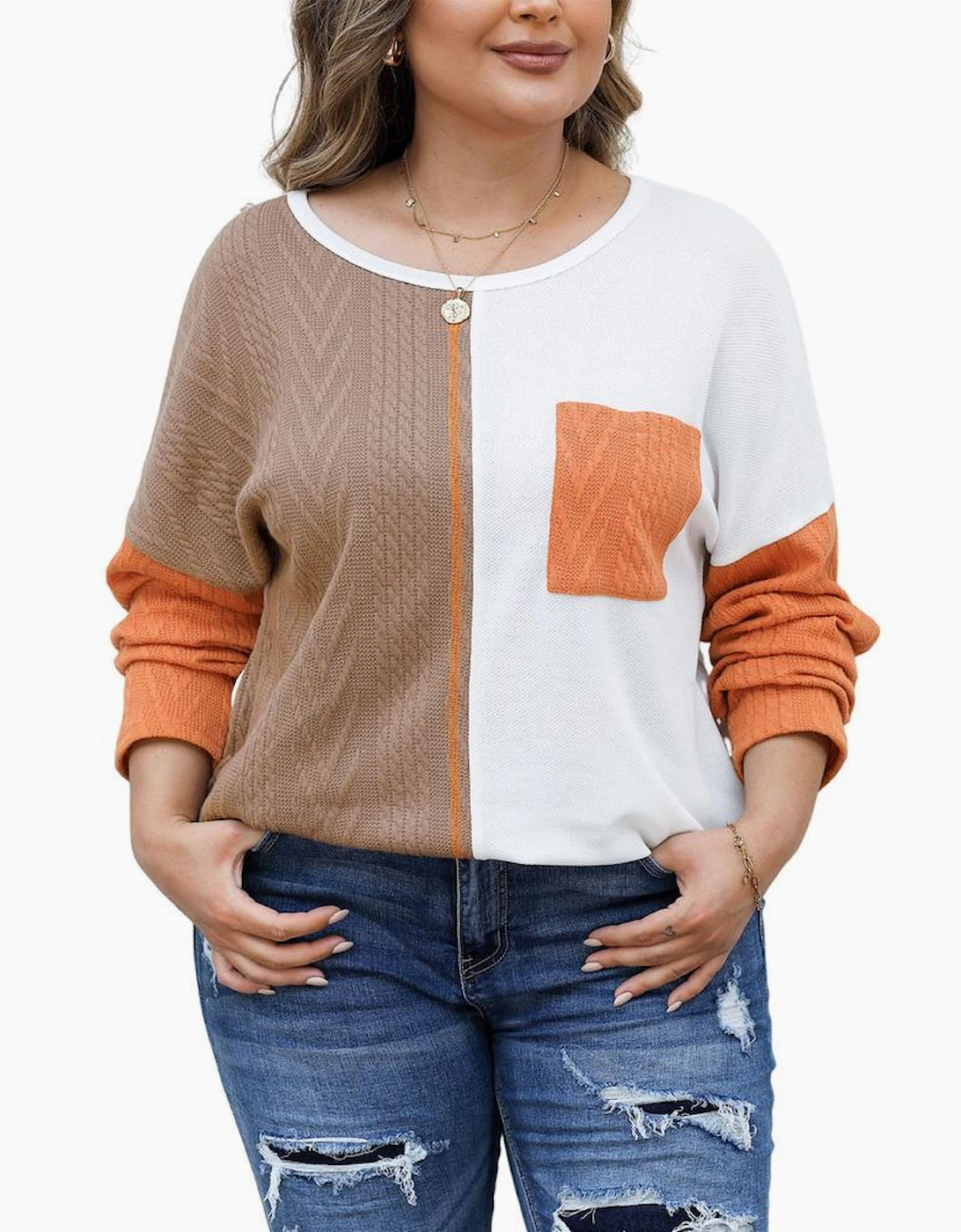 Chestnut Plus Size Color Block Textured Patchwork Top with Pocket, 8 of 7