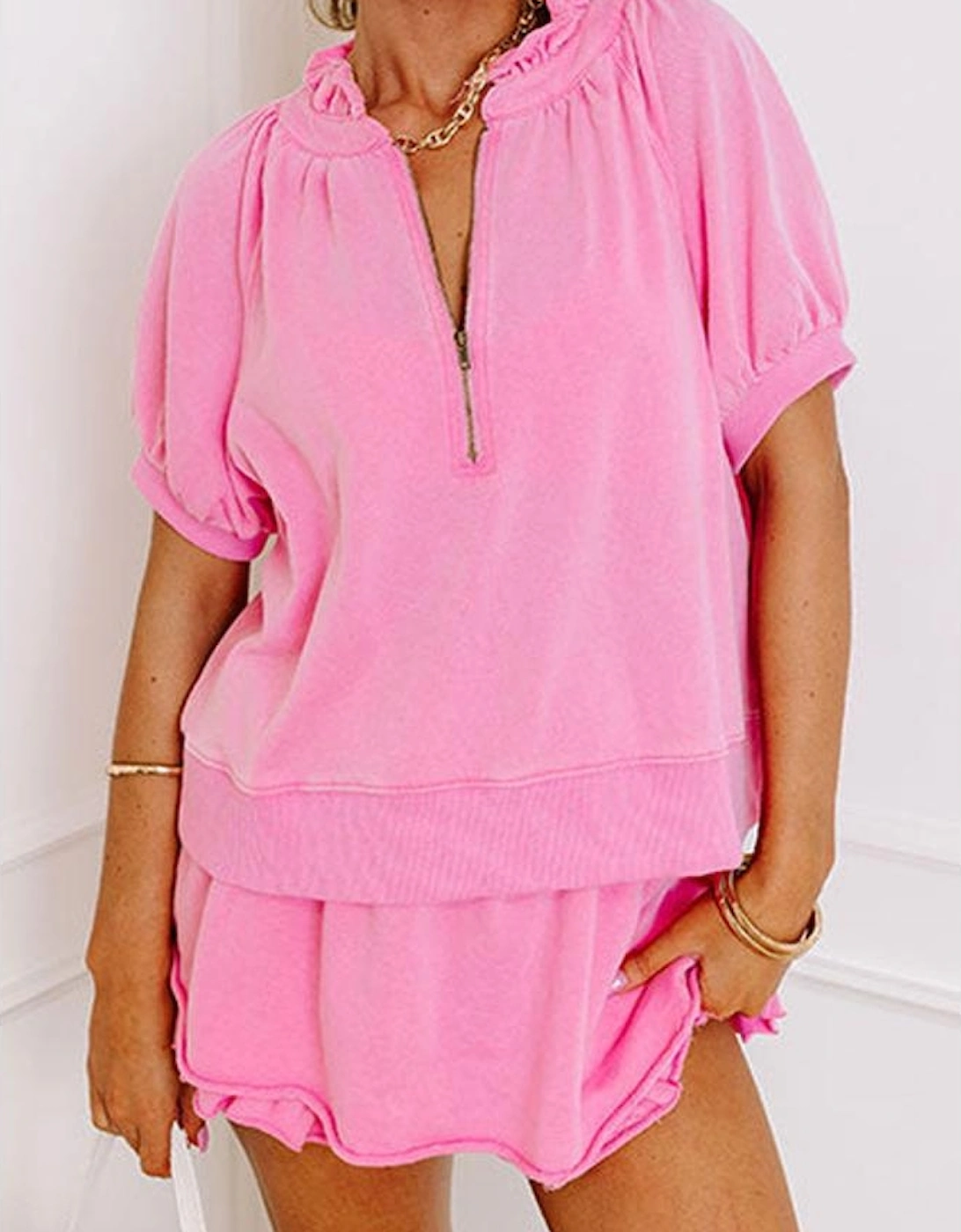 Pink Half Zip Puff Sleeve Top and Ruffled Shorts Set