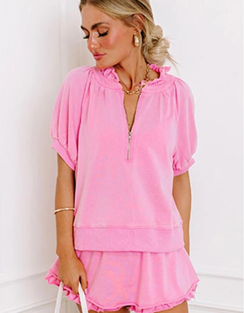 Pink Half Zip Puff Sleeve Top and Ruffled Shorts Set