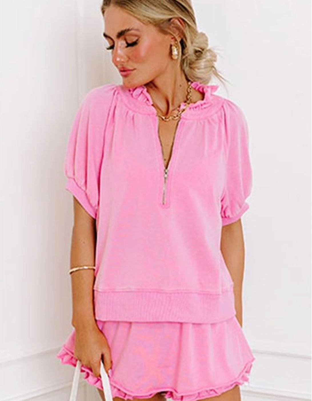 Pink Half Zip Puff Sleeve Top and Ruffled Shorts Set, 15 of 14