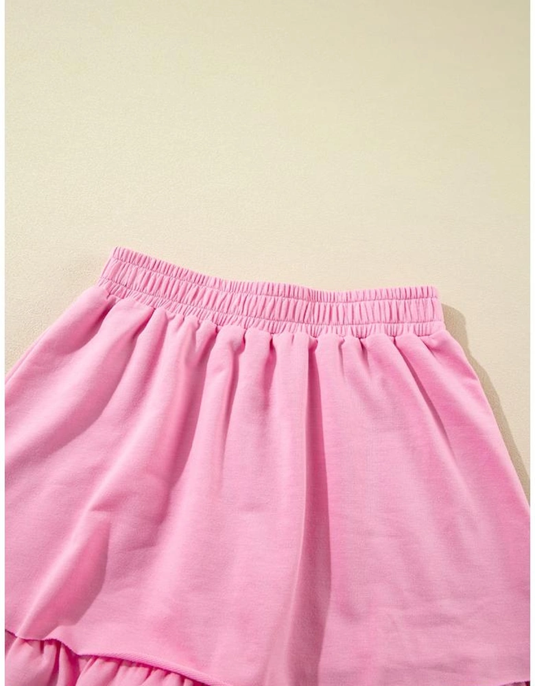 Pink Half Zip Puff Sleeve Top and Ruffled Shorts Set
