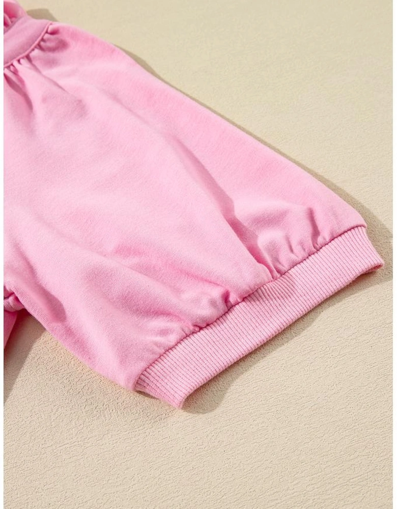 Pink Half Zip Puff Sleeve Top and Ruffled Shorts Set