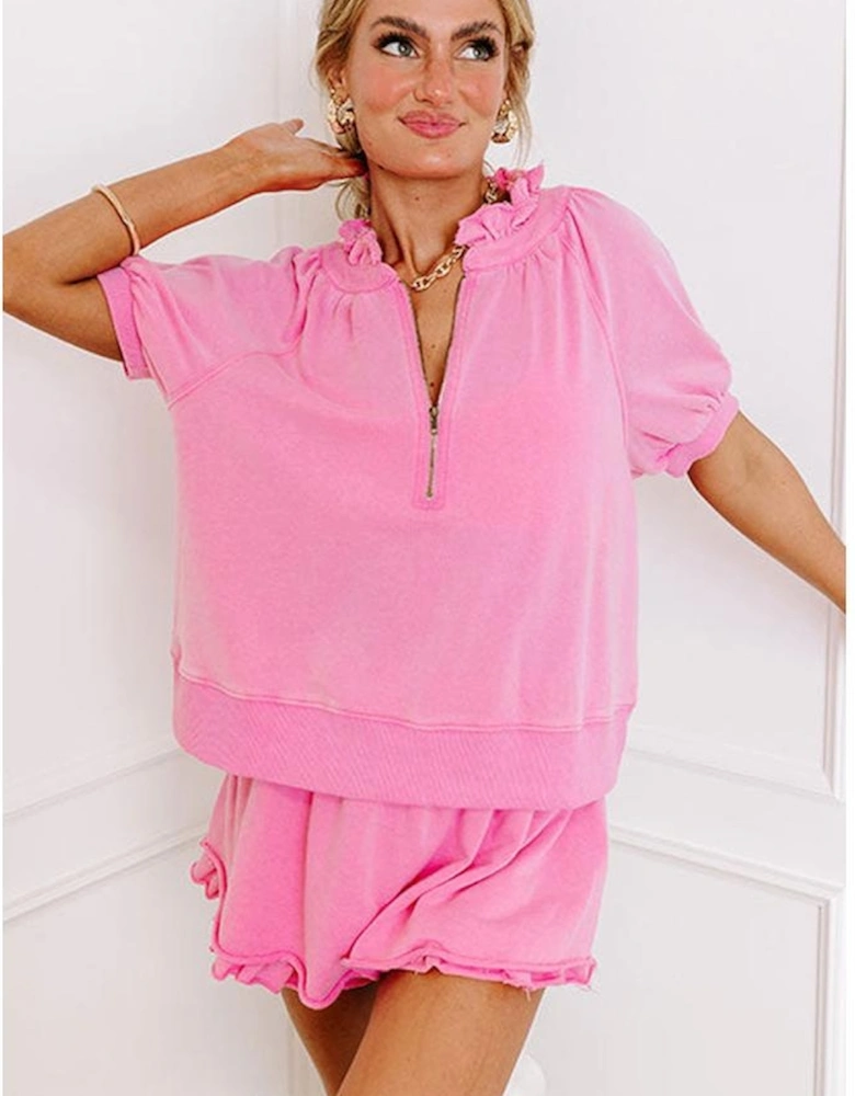 Pink Half Zip Puff Sleeve Top and Ruffled Shorts Set