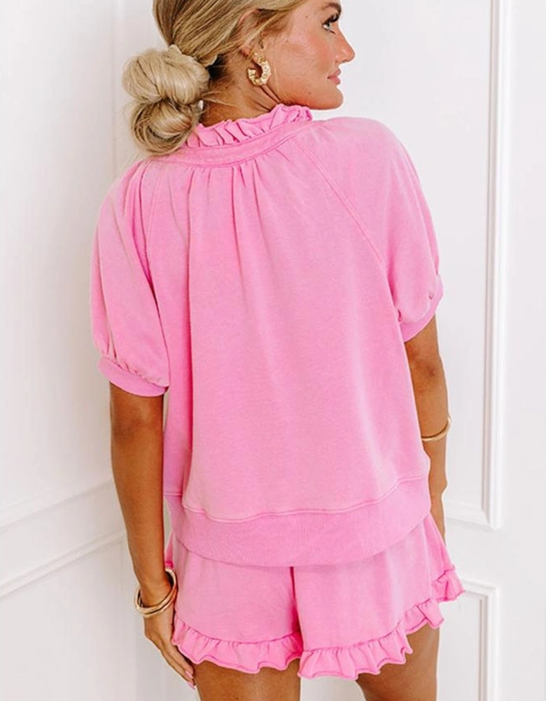 Pink Half Zip Puff Sleeve Top and Ruffled Shorts Set